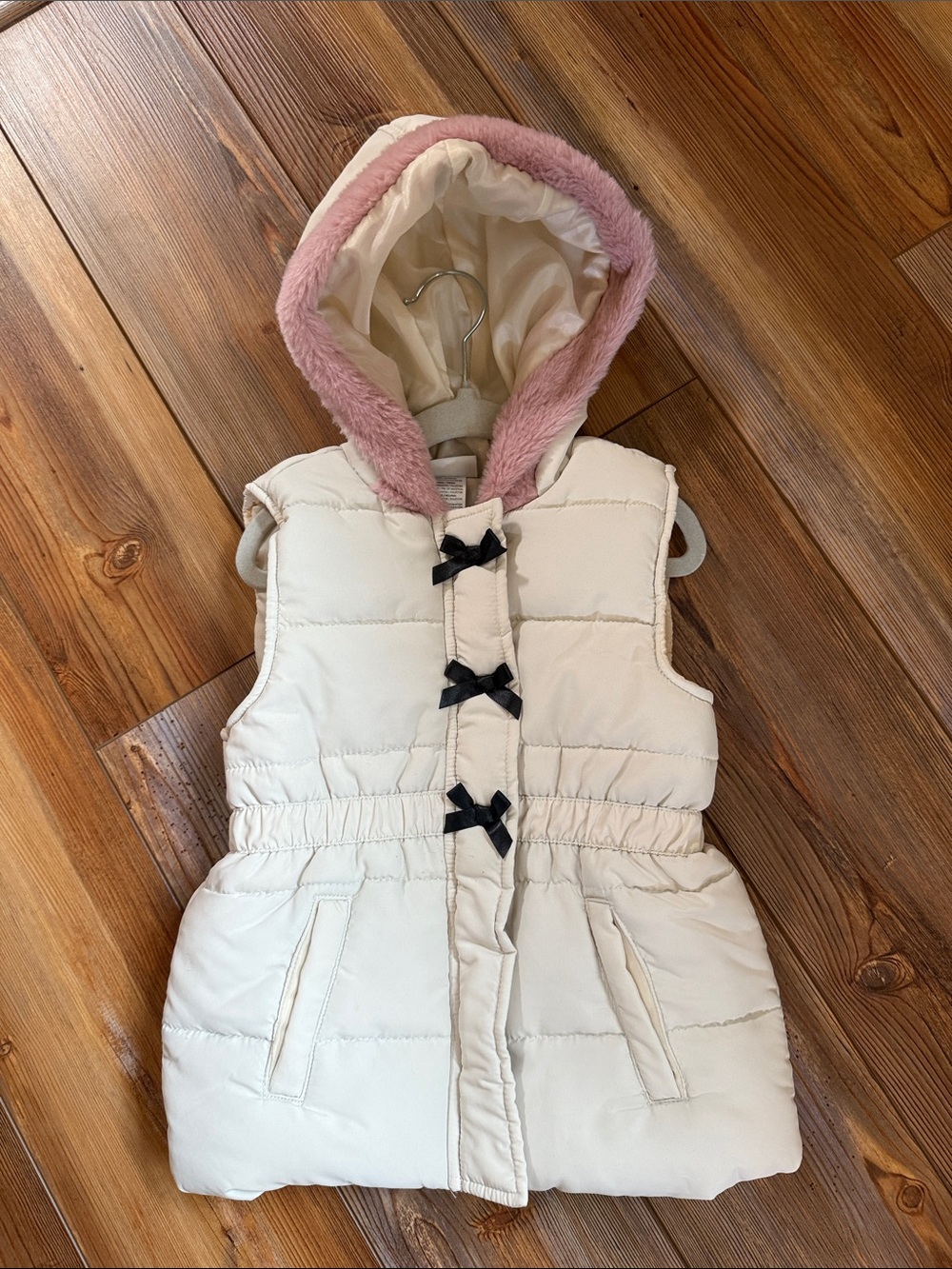 Nicole Miller Cream Puffer Vest with Pink Hood Trim